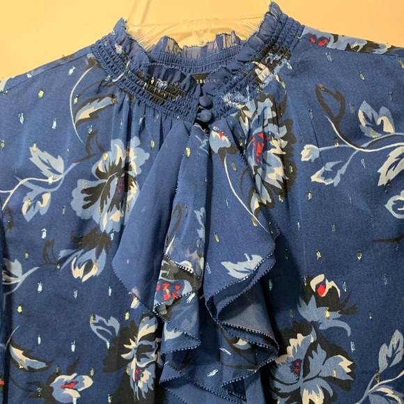 White House Black Market navy blue blouse with floral print and metallic shimmer - Picture 12 of 16